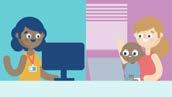 Split illustration showing an adult at a computer on the left, and an adult with a baby looking at a laptop on the right, suggesting different types of engagement.
