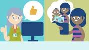 Split illustration showing an adult with a "thumbs up" thought bubble at a computer, and another adult viewing an image of reading on a tablet.