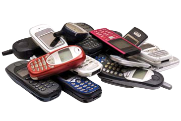 A pile of assorted older model mobile phones, including flip phones and candy bar phones, illustrating various designs.