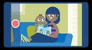 Cartoon illustration of a mother with dark skin and blue hair reading a book with her child on a sofa, framed as if recorded by a smartphone.