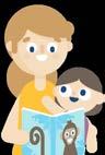 Cartoon illustration of an adult with light skin and light brown hair reading a book to a child, both smiling.