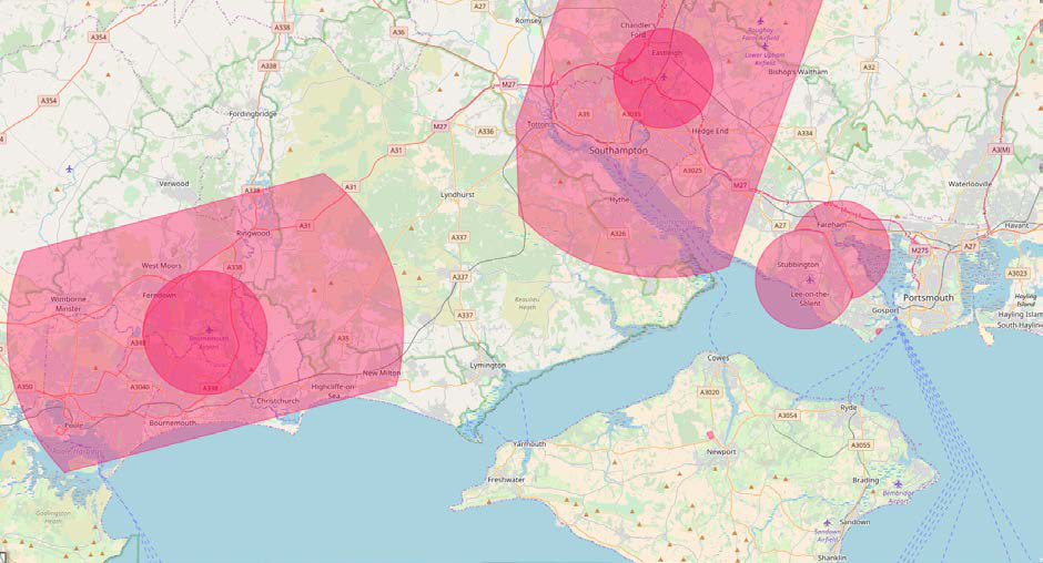 Map of the UK southern coast showing areas around Southampton, Bournemouth, and Portsmouth highlighted in pink.