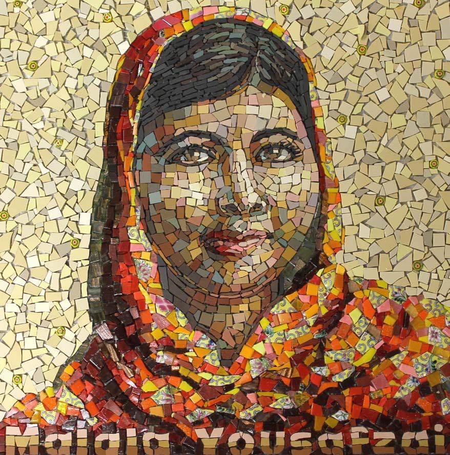 A mosaic portrait of Malala Yousafzai, with her name "Malala Yousafzai" written in mosaic tiles below.