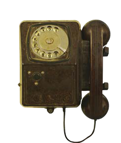 A vintage, brown wall-mounted telephone with a rotary dial and an attached receiver on the right side.