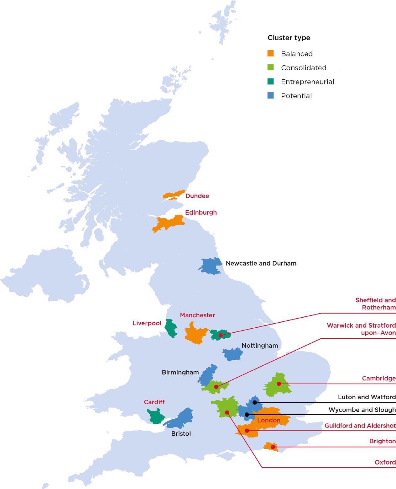Map of the UK identifying and categorizing urban clusters by type (Balanced, Consolidated, Entrepreneurial, Potential) using different colors and labels.