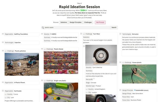 Screenshot of a Rapid Ideation Session web interface showing various challenges like plastic pollution and proposed solutions with images.