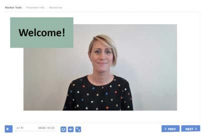 Screenshot of a video player interface showing a woman speaking with a "Welcome!" overlay, indicating the start of a presentation or module.