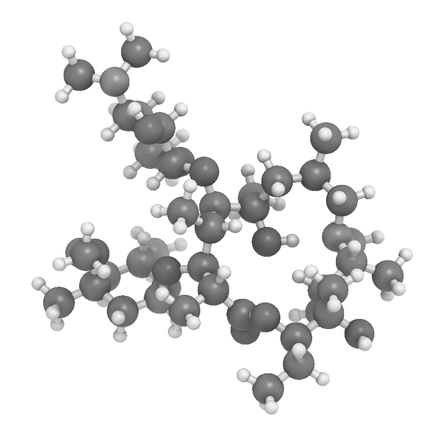 A 3D ball-and-stick model representing a complex chemical molecular structure with multiple carbon and hydrogen atoms.