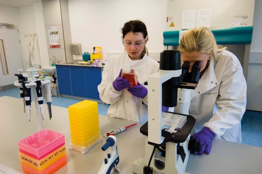 Two scientists in lab coats working with a microscope and flask in a laboratory filled with equipment.