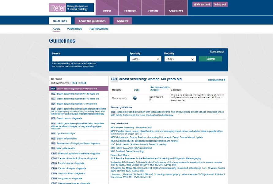 Screenshot of a medical guidelines website, showing a search interface and results for breast screening recommendations.