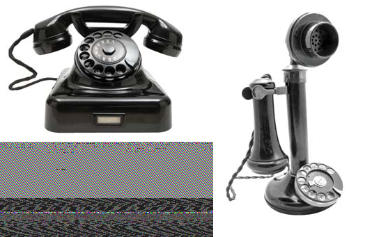 Two vintage black telephones: a rotary dial desk phone on the left and a candlestick phone on the right. The lower part of the image is glitched.