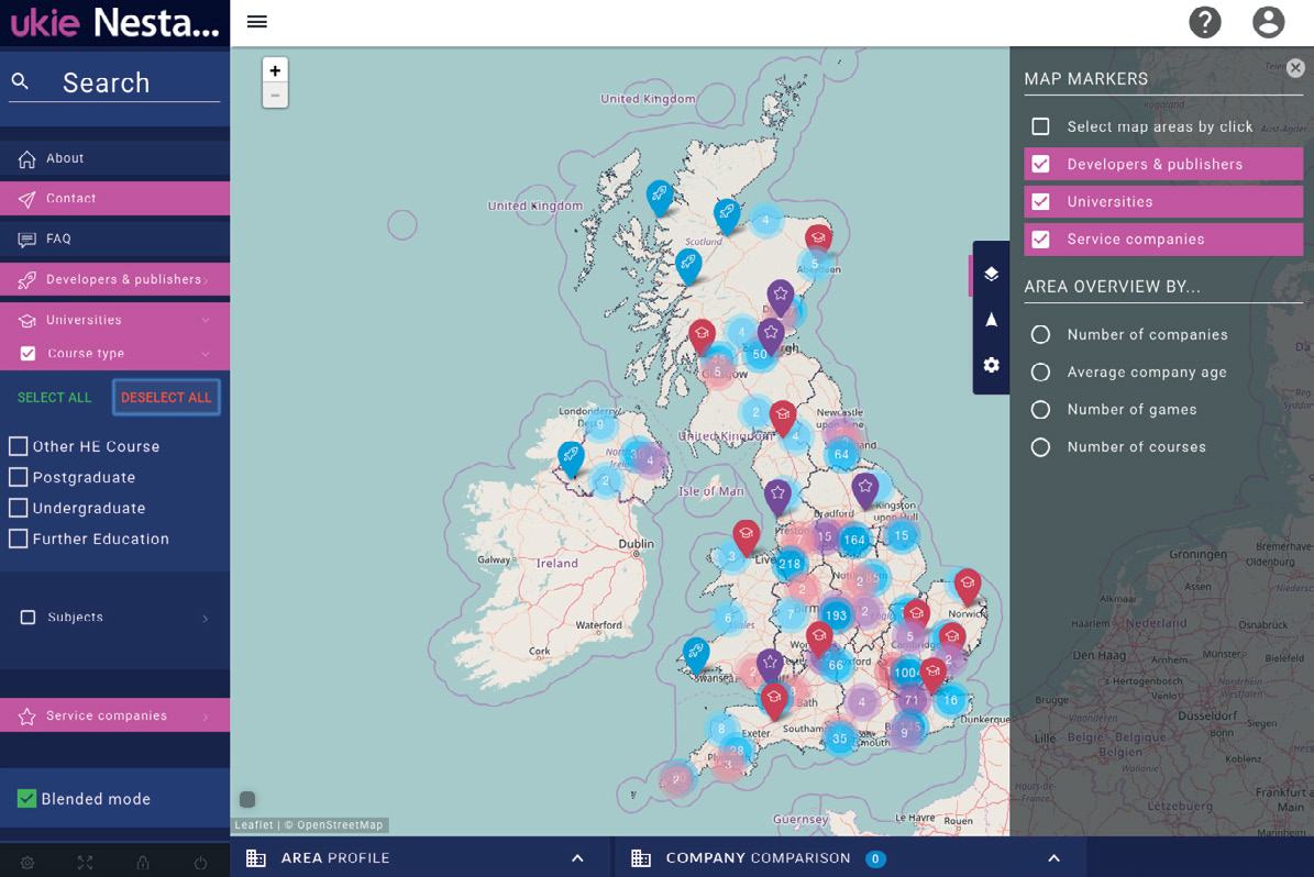 Interactive map of the UK and Ireland displaying the geographical distribution and clusters of game developers, publishers, universities, and service companies.