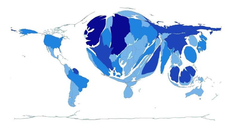 A cartogram style world map where countries are distorted and shaded in blue, likely representing a specific dataset.