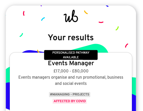 Screenshot displaying job search results for 'Events Manager', including salary range, description, and tags like '#MANAGING - PROJECTS' and 'AFFECTED BY COVID'.