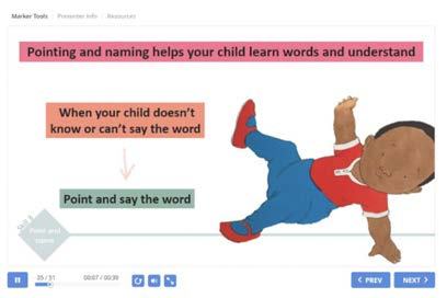 Educational slide showing a diagram and cartoon illustration about how pointing and naming helps children learn words.
