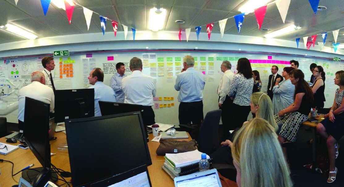 A group of people in an office collaborating, standing in front of whiteboards covered with sticky notes and diagrams, suggesting a planning or brainstorming session.