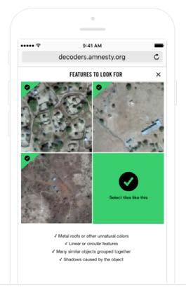 Screenshot of a mobile app, "decoders.amnesty.org", showing satellite images for pattern recognition tasks, with features to look for listed.