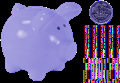 A purple piggy bank next to a coin and a vertical pattern of colorful digital glitches.