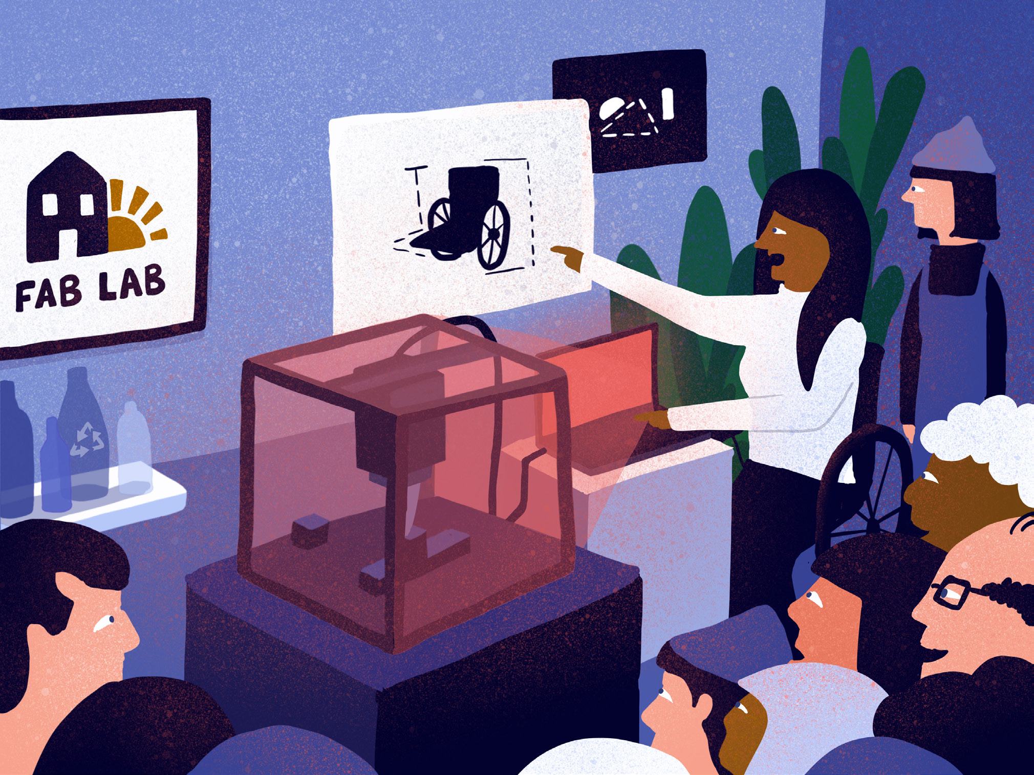 An illustration showing people in a "FAB LAB" observing a 3D printer creating a device, with a woman pointing to its technical drawing.