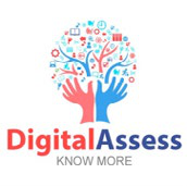 Logo for DigitalAssess with a tree design of hands forming the trunk and various digital-themed icons as leaves, representing a broad scope of digital knowledge and assessment.