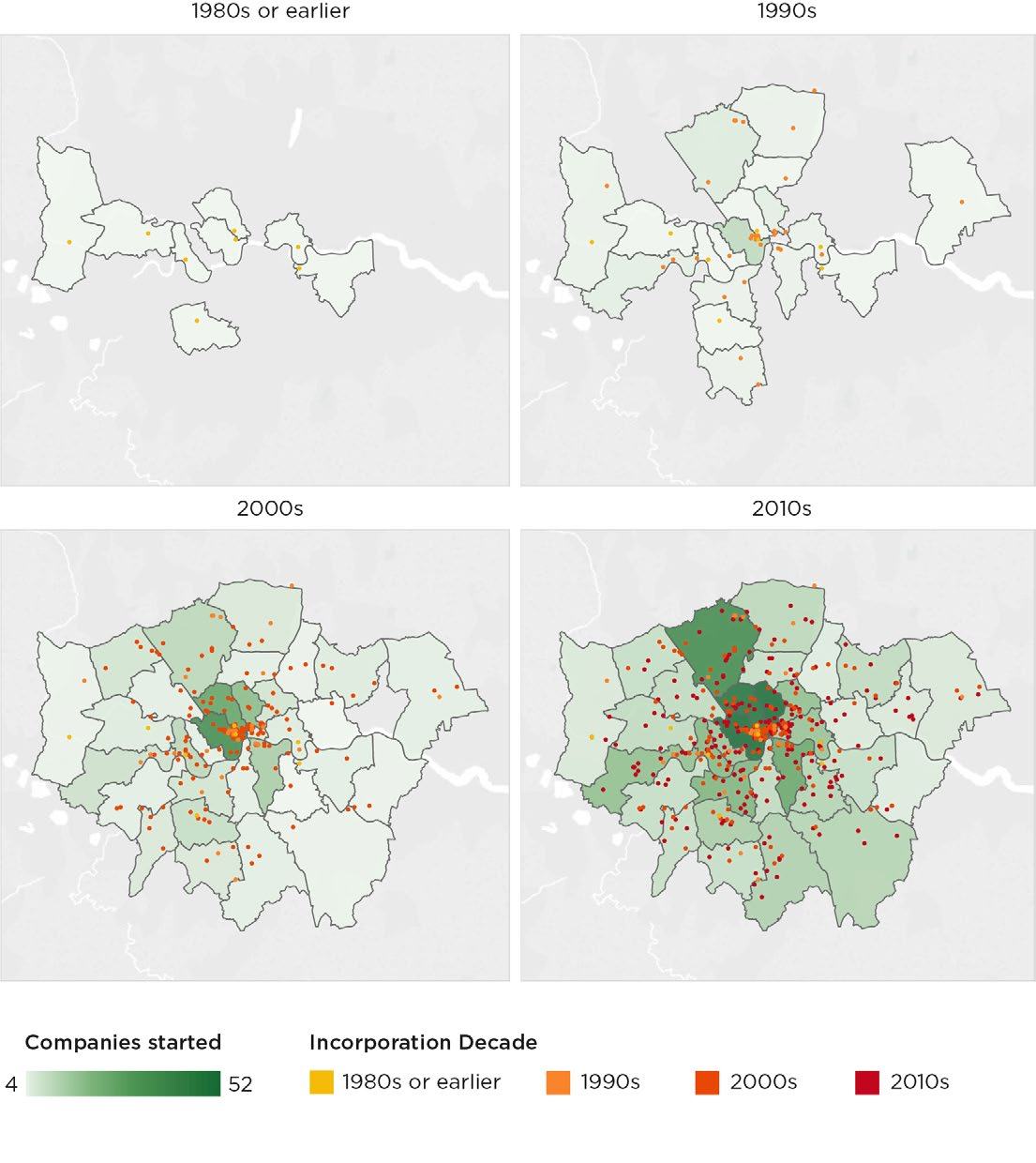 Four maps of a city, likely London, showing the number of companies started and their incorporation decade across different sub-regions.