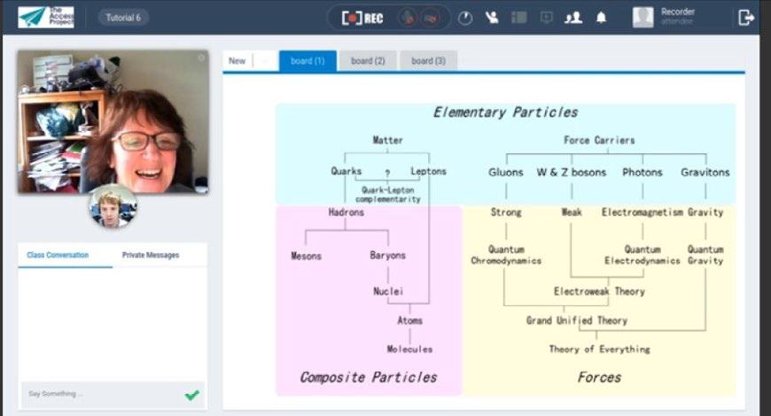 Screenshot of an online class displaying a conceptual diagram about elementary particles, composite particles, and forces, categorizing matter and force carriers.