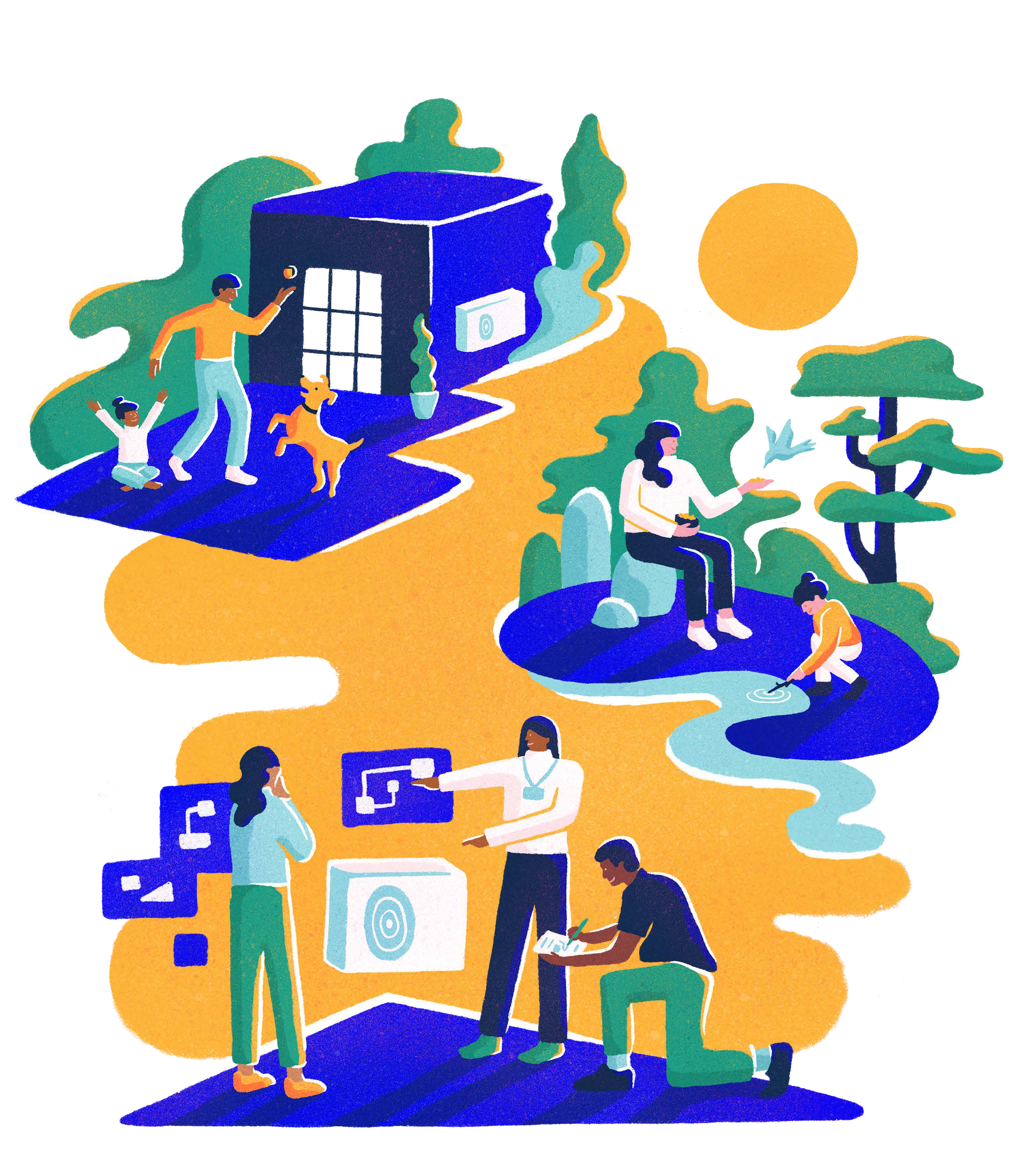 A composite illustration depicting family life, nature interaction, and professionals collaborating on technical diagrams, representing diverse aspects of daily life and work.