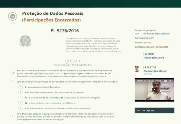 Screenshot of a webpage detailing 'Personal Data Protection' legislation, showing proposal status, participant counts, articles, and an embedded video.