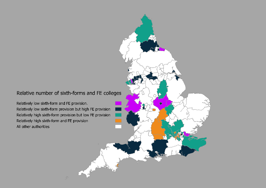 Map of England showing local authorities categorized by relative sixth-form and FE college provision, with a legend detailing low/high provision levels.