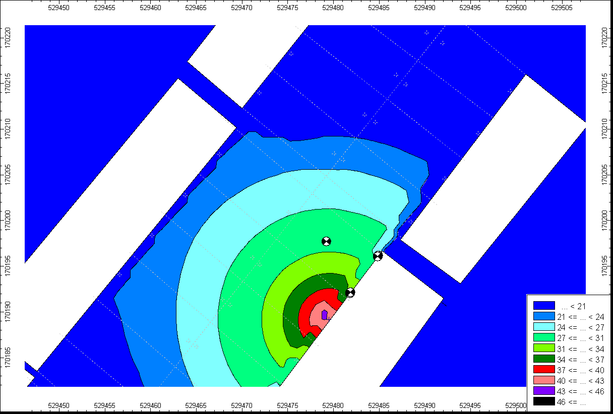 Contour map showing spatial distribution of values, with a legend indicating ranges from less than 21 to less than 46.