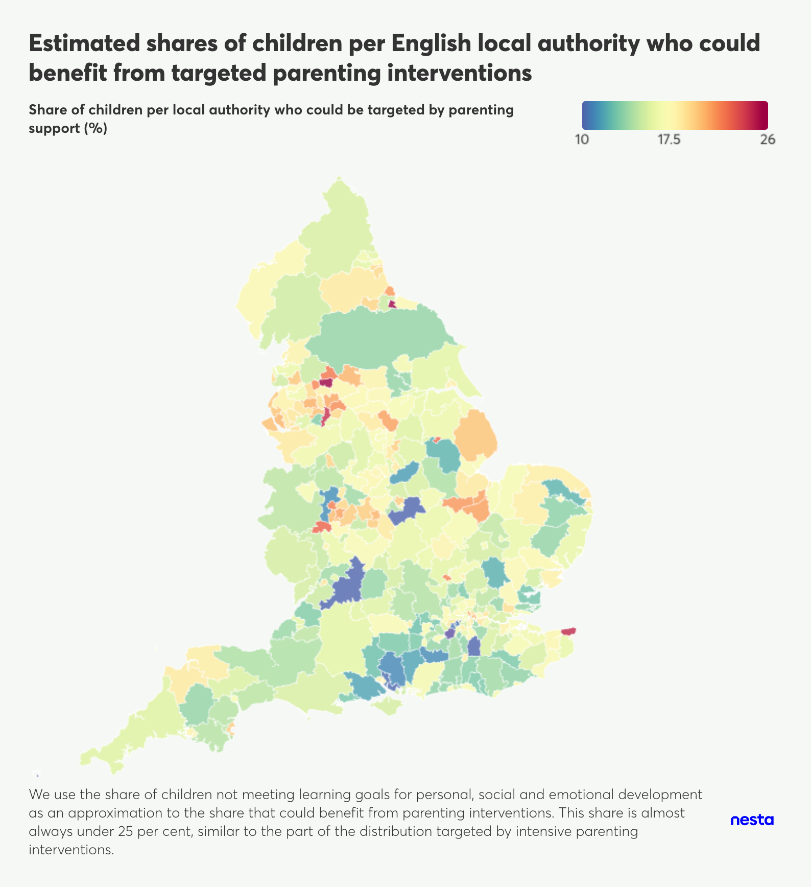 Choropleth map of England showing the estimated percentage of children per local authority who could benefit from targeted parenting interventions, with a color legend.