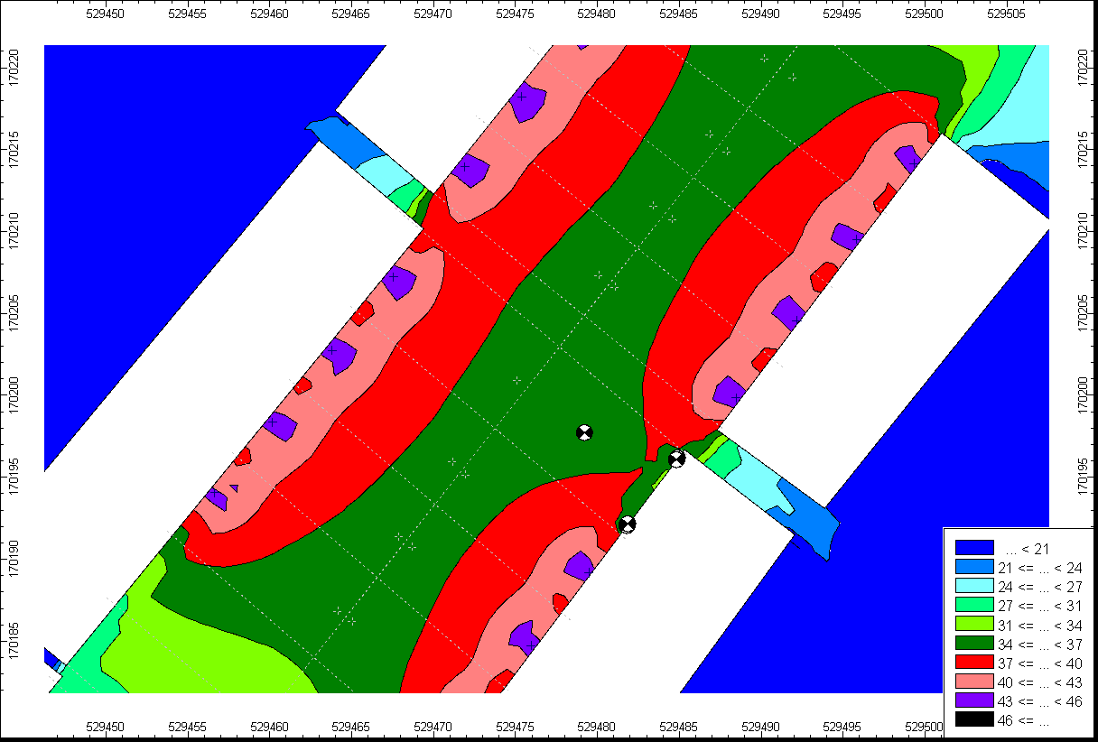 Contour map showing spatial distribution of values, with a legend indicating ranges from less than 21 to less than 46.
