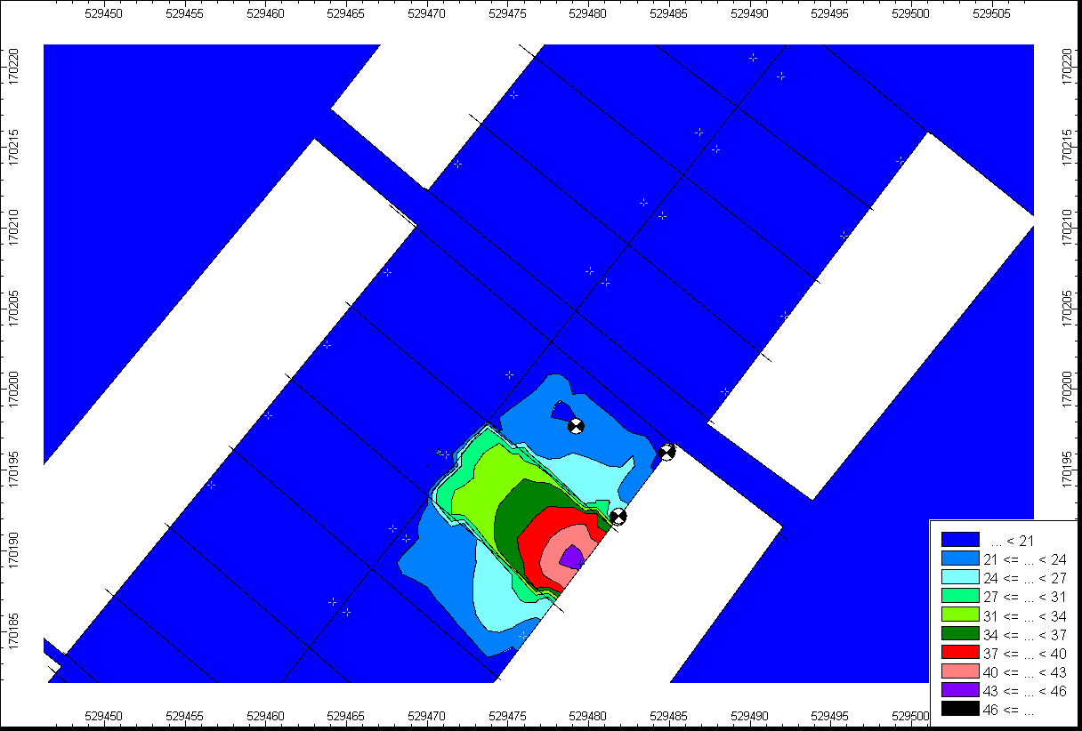 Contour map showing spatial distribution of values, with a legend indicating ranges from less than 21 to less than 46.