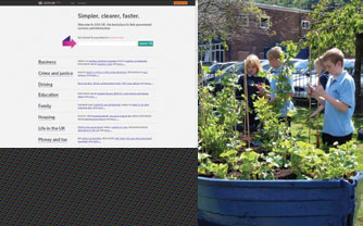 Split image showing a GOV.UK website screenshot on the left and three children gardening outdoors on the right.
