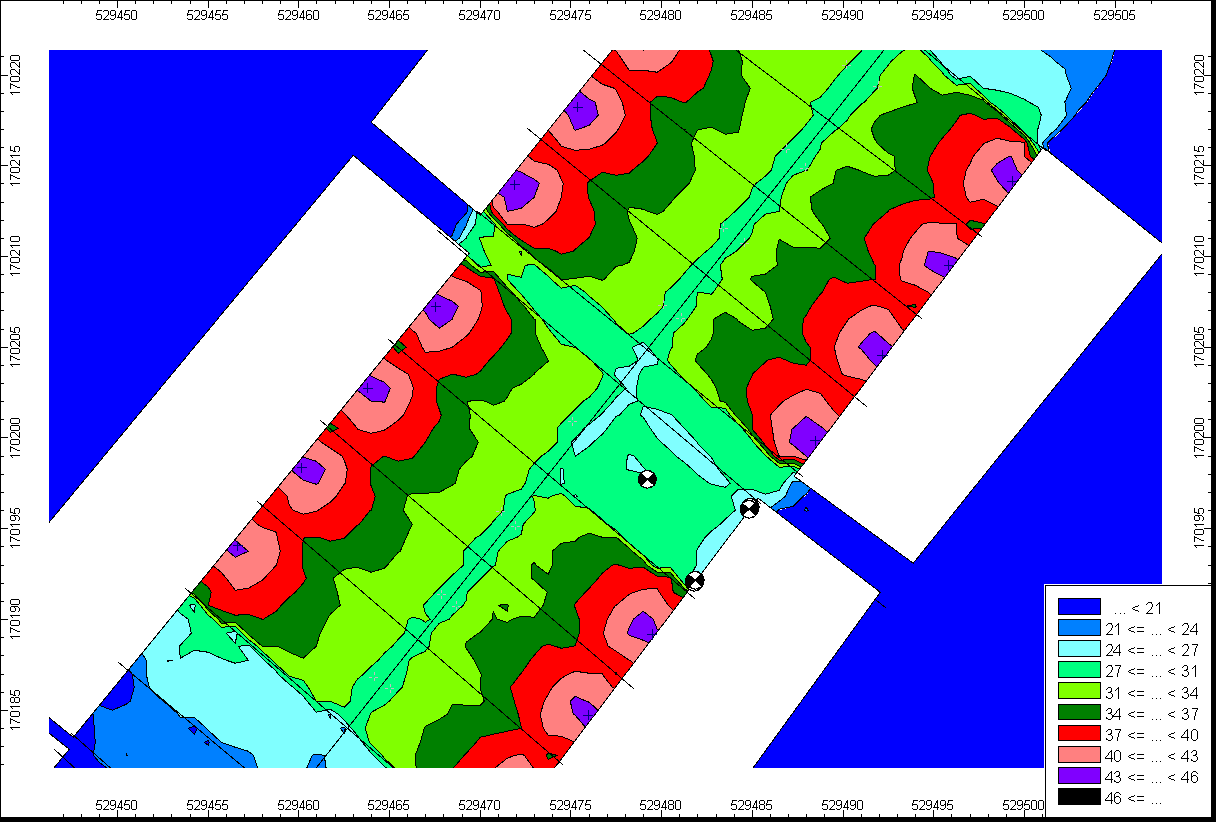 Contour map showing spatial distribution of values, with a legend indicating ranges from less than 21 to less than 46.