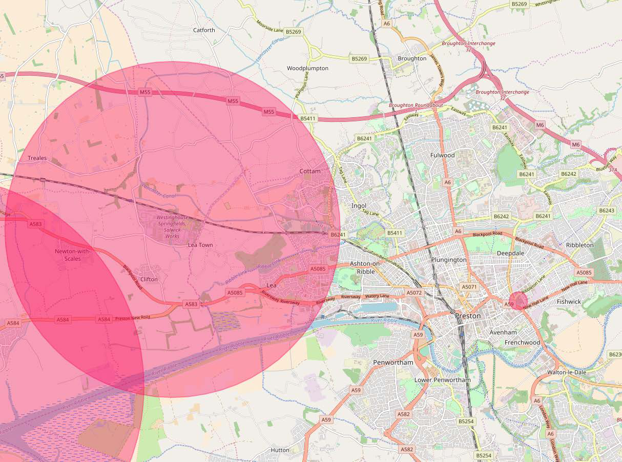 Map of Preston, UK, showing towns, major roads (M55, M6, A59) and rivers, with large semi-transparent pink overlays indicating specific zones or coverage areas.
