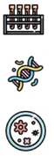 Stack of three icons representing scientific fields: a test tube rack, a DNA double helix, and a petri dish with cells.
