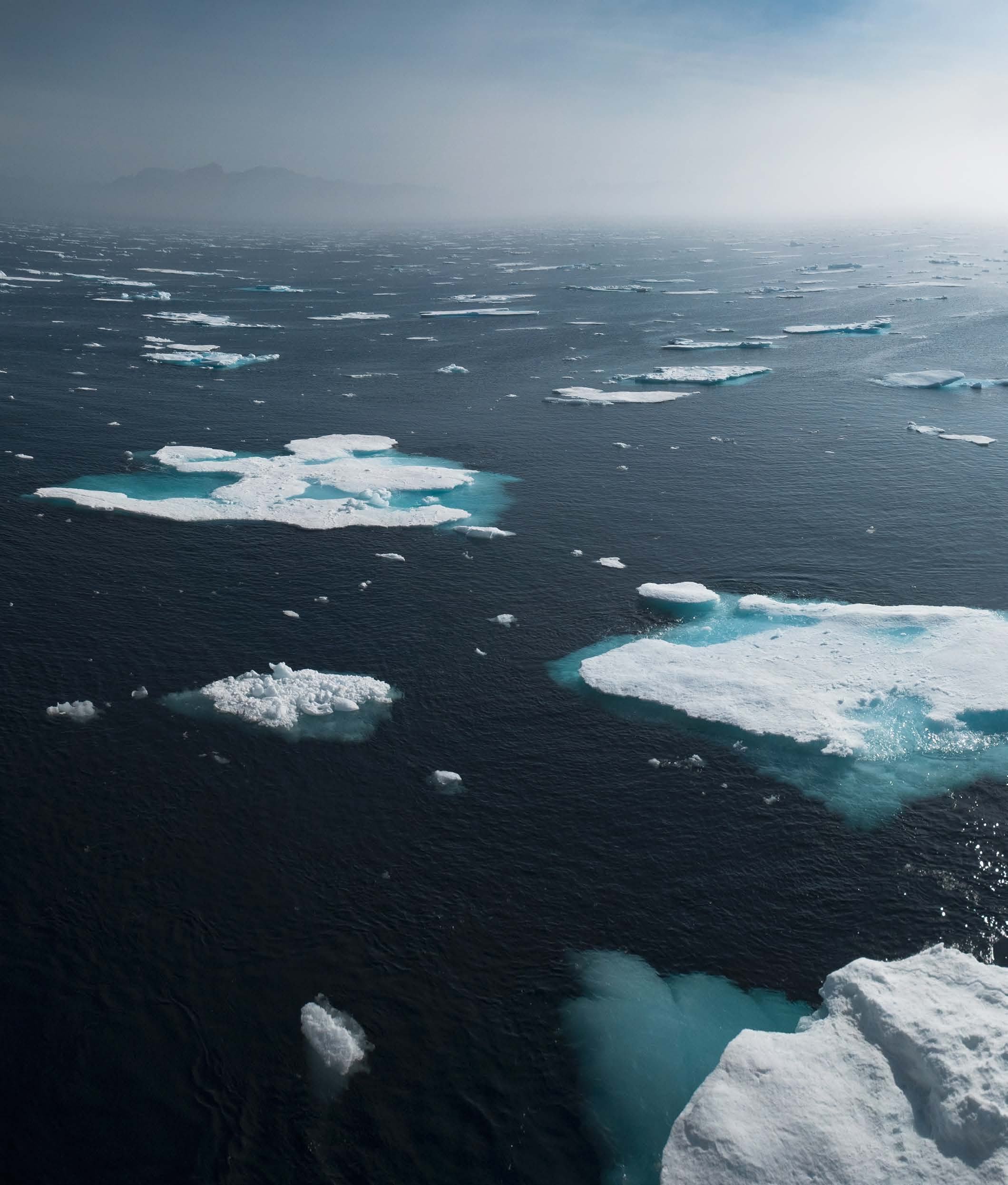 Aerial view of a dark blue ocean dotted with numerous white and light blue ice floes, indicating polar or cold marine environments.