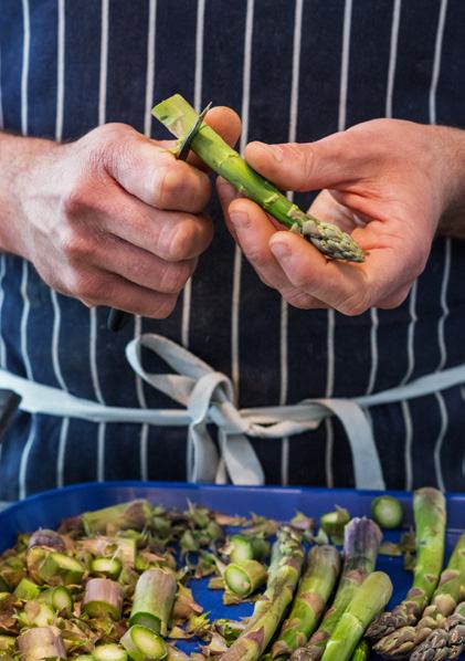Hands of a person in a striped apron peeling fresh green asparagus spears over a blue tray of trimmed asparagus.