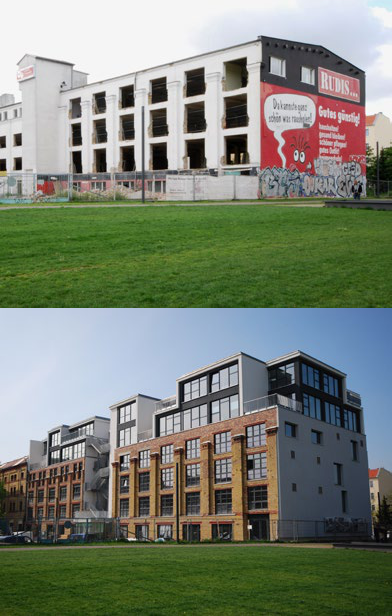 Before and after comparison of a building, showing its dilapidated state with graffiti in the top image and its renovated, modernized state in the bottom image.