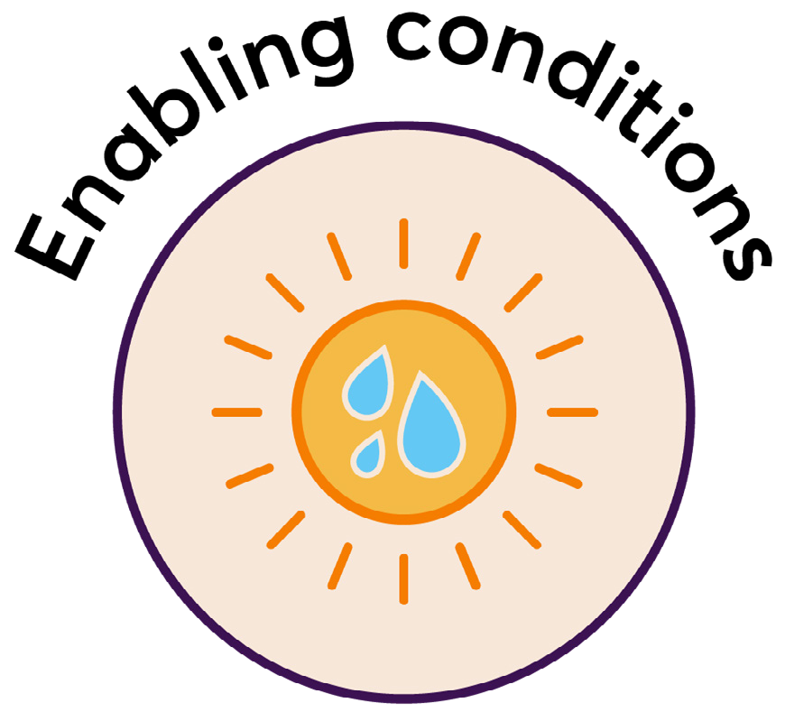 Diagram showing a sun with raindrops within a circle, labeled 'Enabling conditions', illustrating favorable factors.
