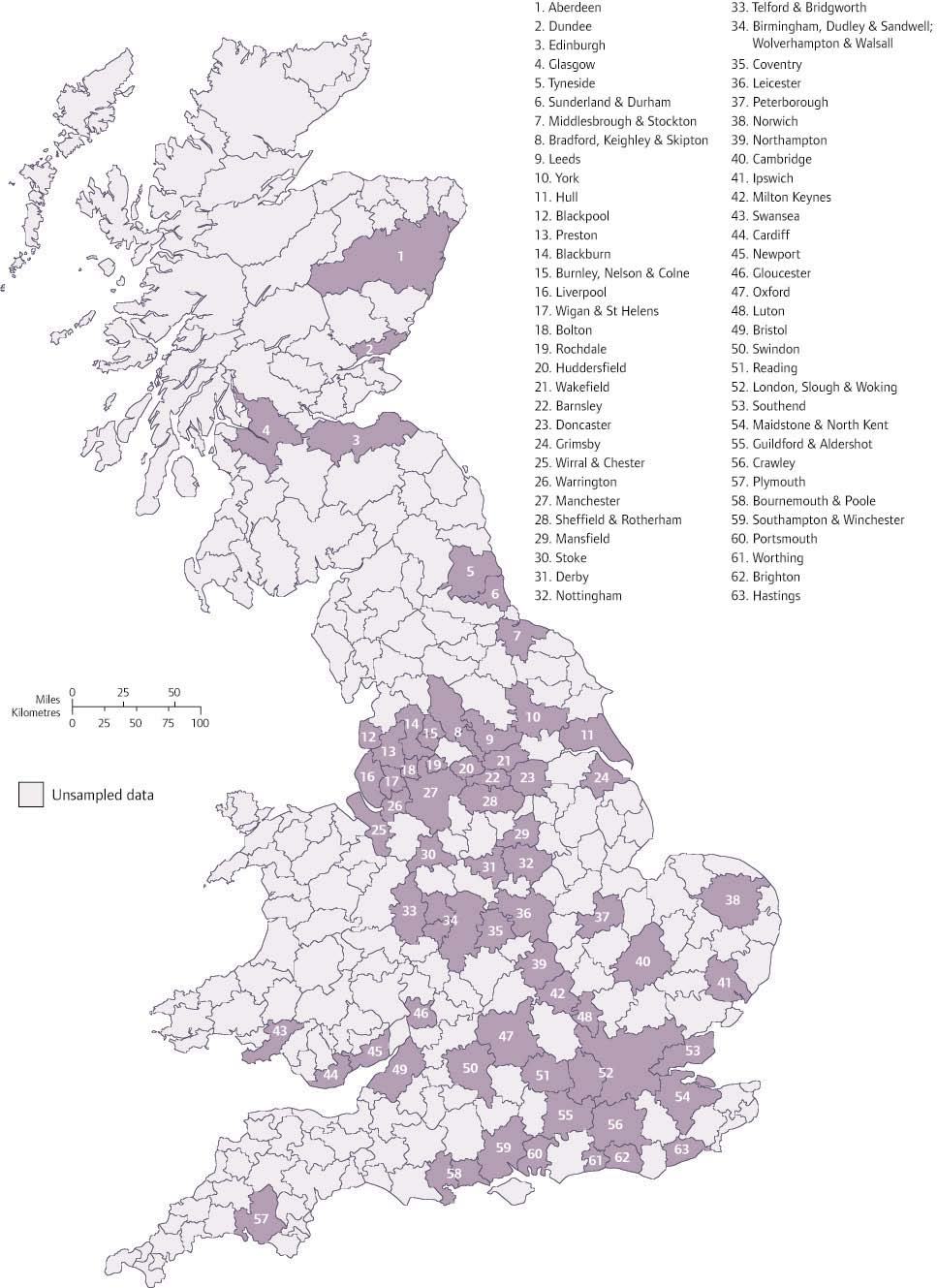 Map of Great Britain showing numbered regions, with darker shading indicating sampled data and lighter shading indicating unsampled data, accompanied by a key of city/region names.
