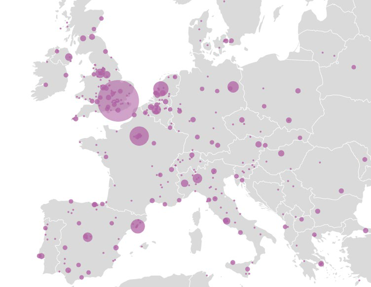 Map of Europe showing numerous purple dots and circles of varying sizes, indicating spatial distribution and concentration of data points across the continent.