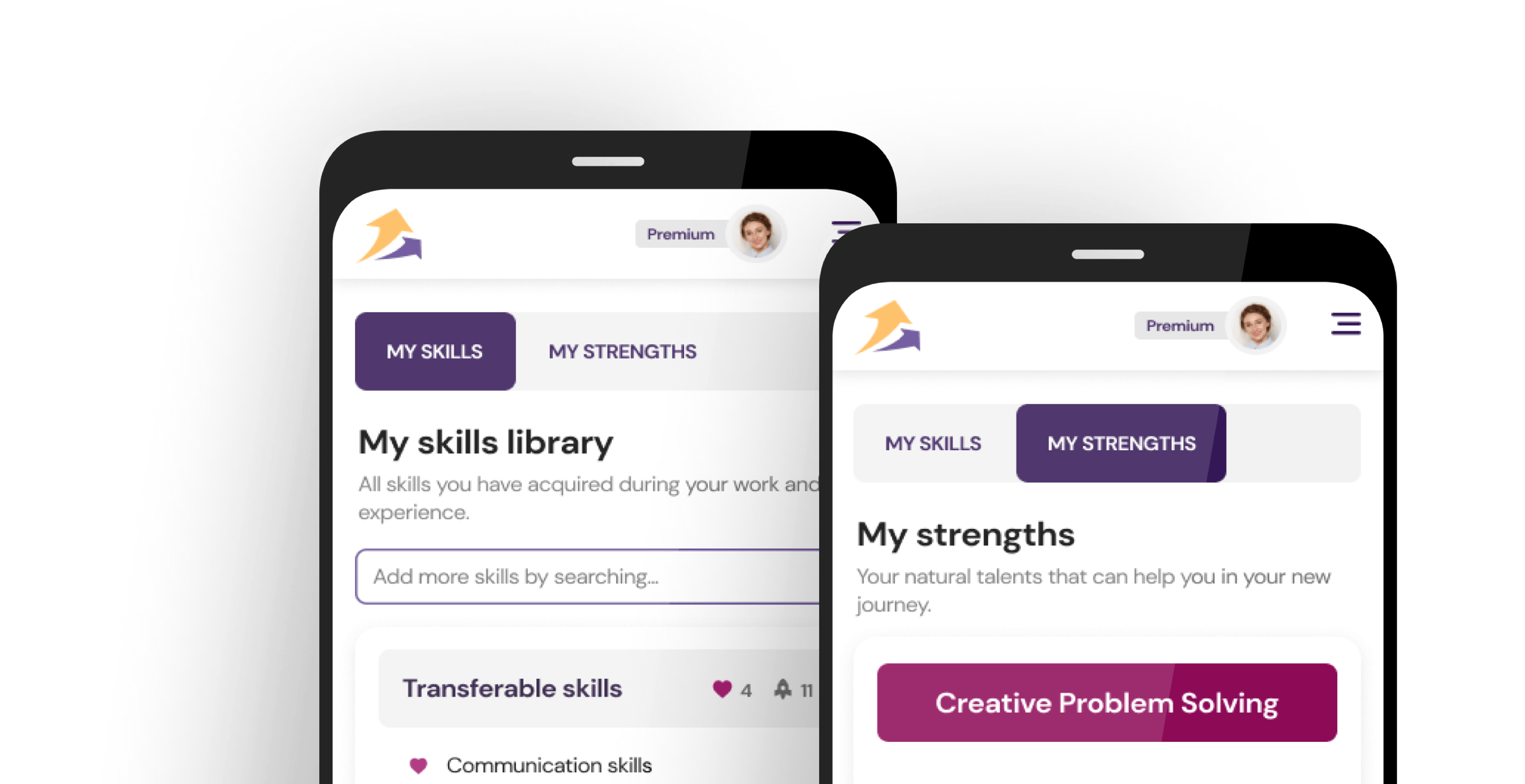 Screenshots of a mobile app showing "My skills library" and "My strengths" sections, detailing transferable skills and creative problem solving.
