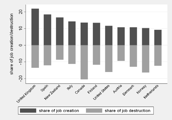 Bar chart illustrating the share of job creation and destruction for eleven countries, showing both positive and negative contributions.