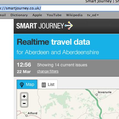 Screenshot of Smart Journey website showing "Realtime travel data for Aberdeen and Aberdeenshire" with a map and navigation controls.