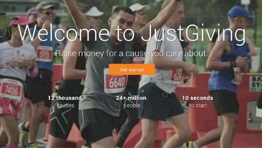 Screenshot of the JustGiving website homepage, showing the title, a call to action, and key statistics about causes, users, and ease of use.