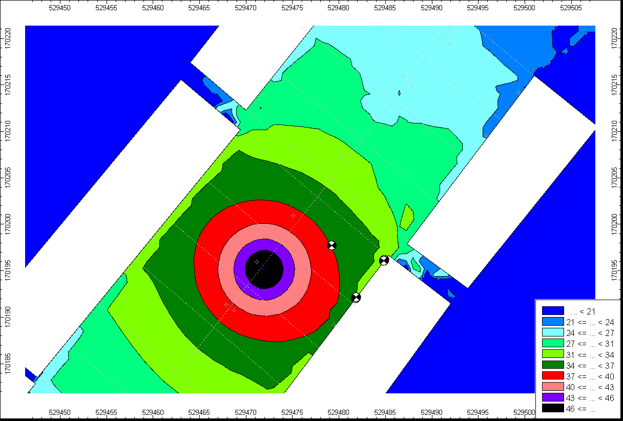 Contour map showing spatial distribution of values, with a legend indicating ranges from less than 21 to less than 46.