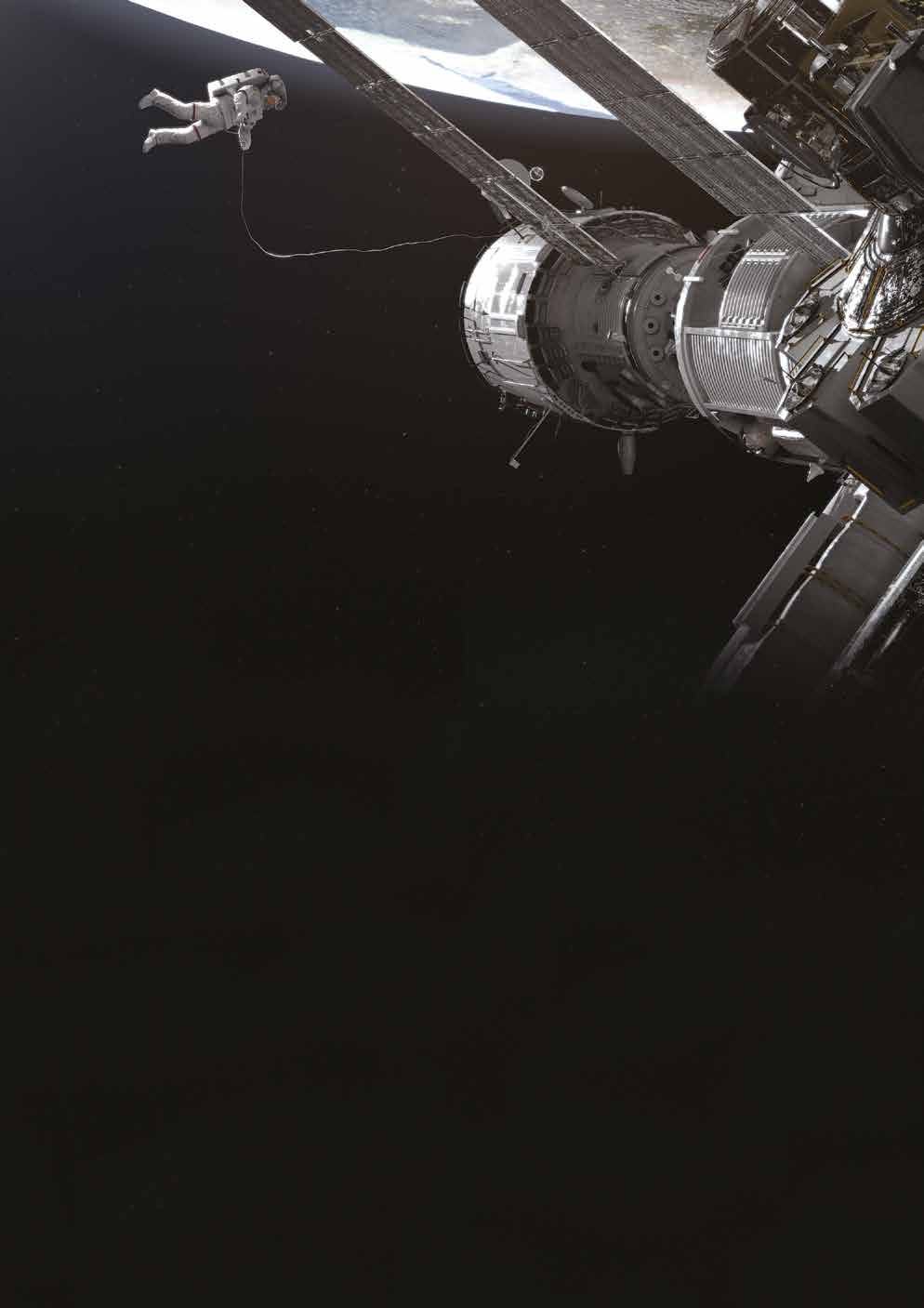 Astronaut on a spacewalk, tethered to a large space station with Earth visible in the background against a dark starry sky.