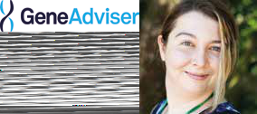 Portrait of a woman smiling, next to the "GeneAdviser" company logo.